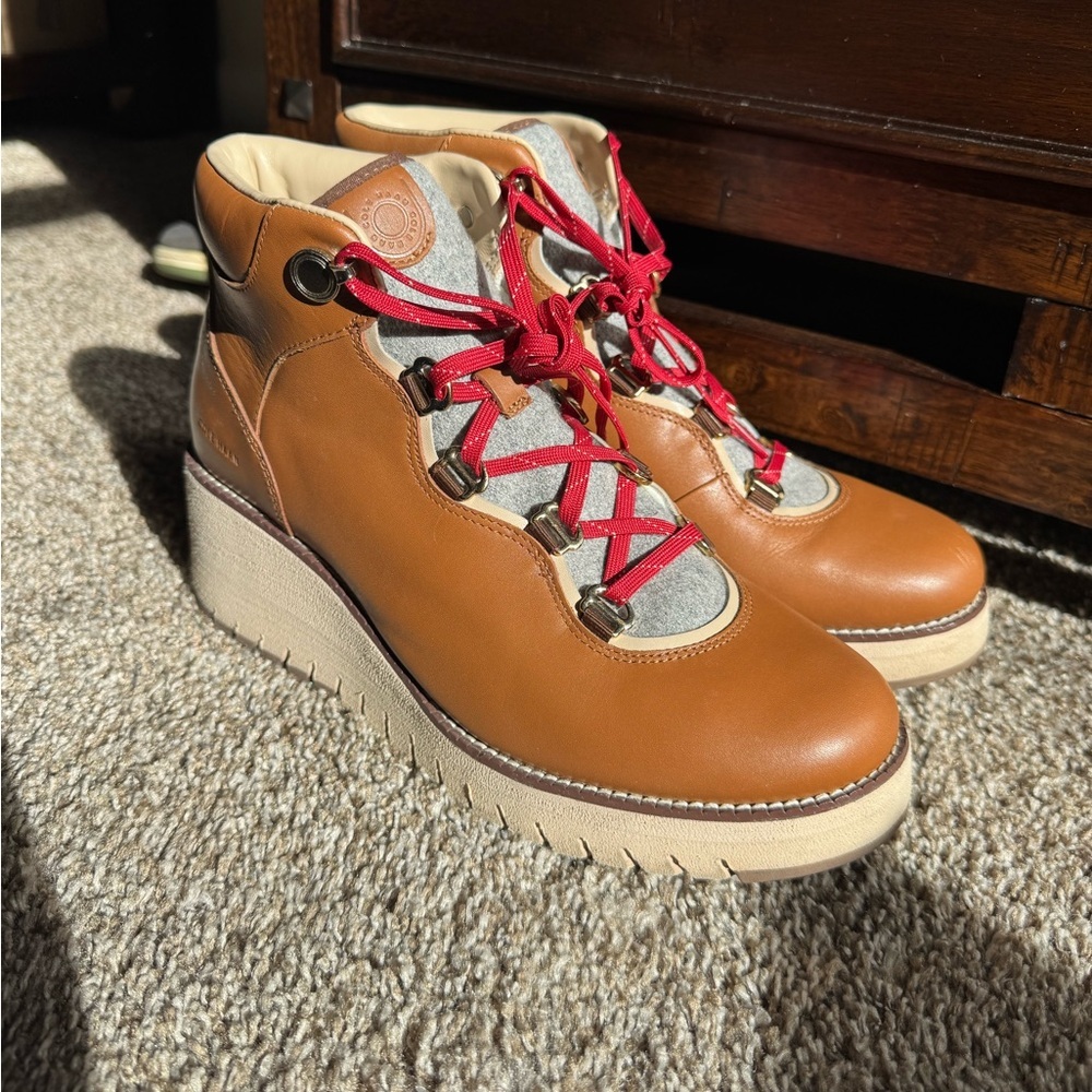 Cole Haan Women's ZeroGrand Waterproof Wedge Hiker Booties Brown Leather - Picture 2 of 13